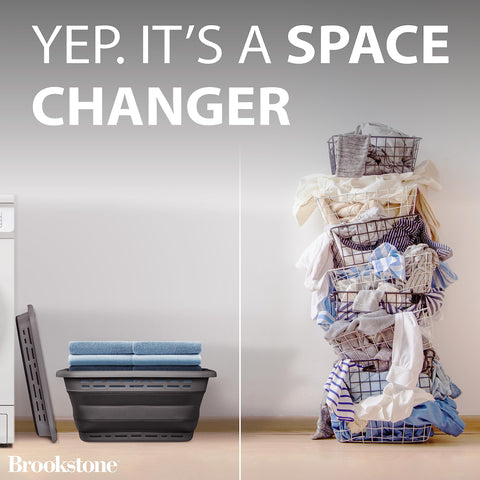 Brookstone laundry basket with sturdy handles for easy transport.