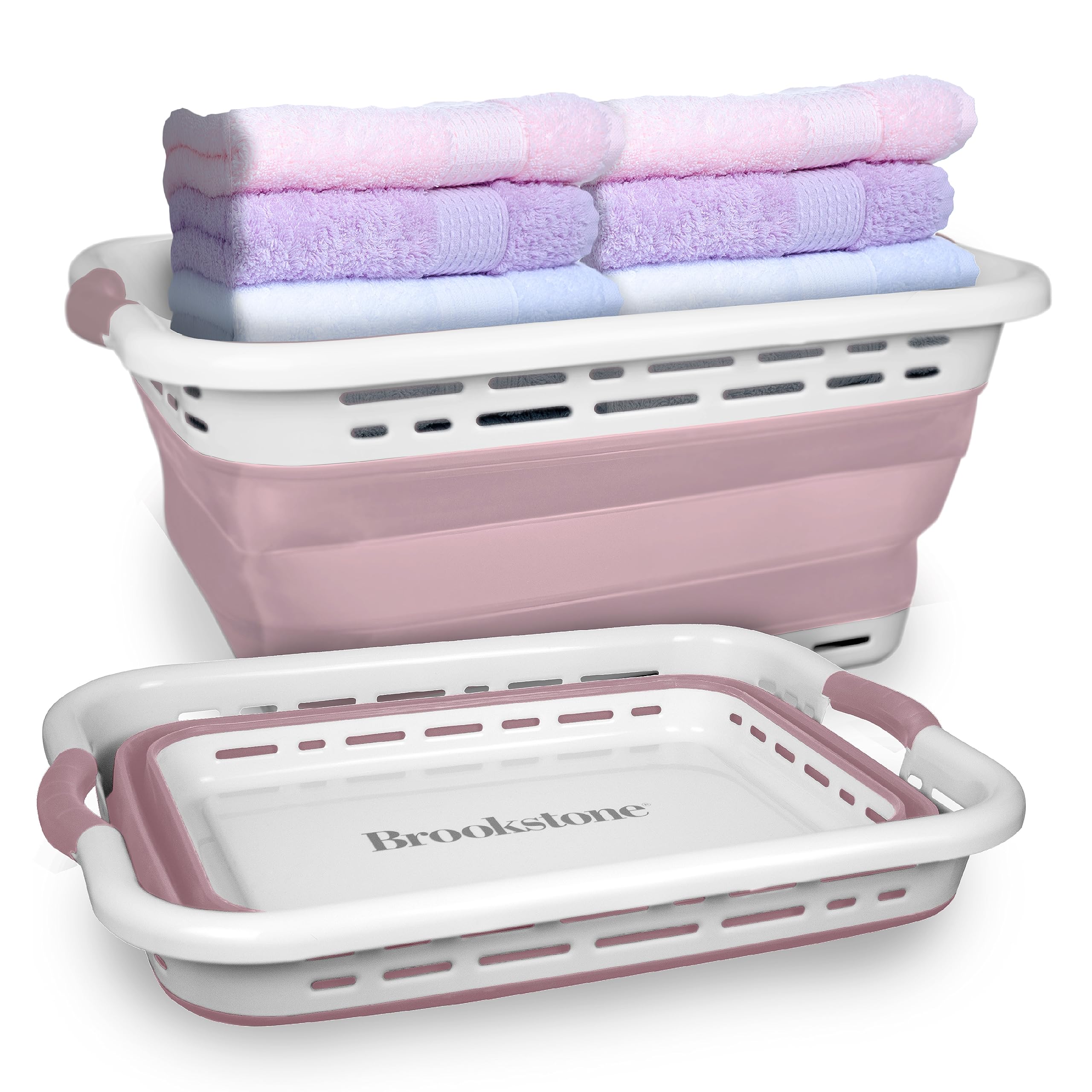 Brookstone 11 gallon XL collapsible laundry basket with non-slip handles for easy transport.