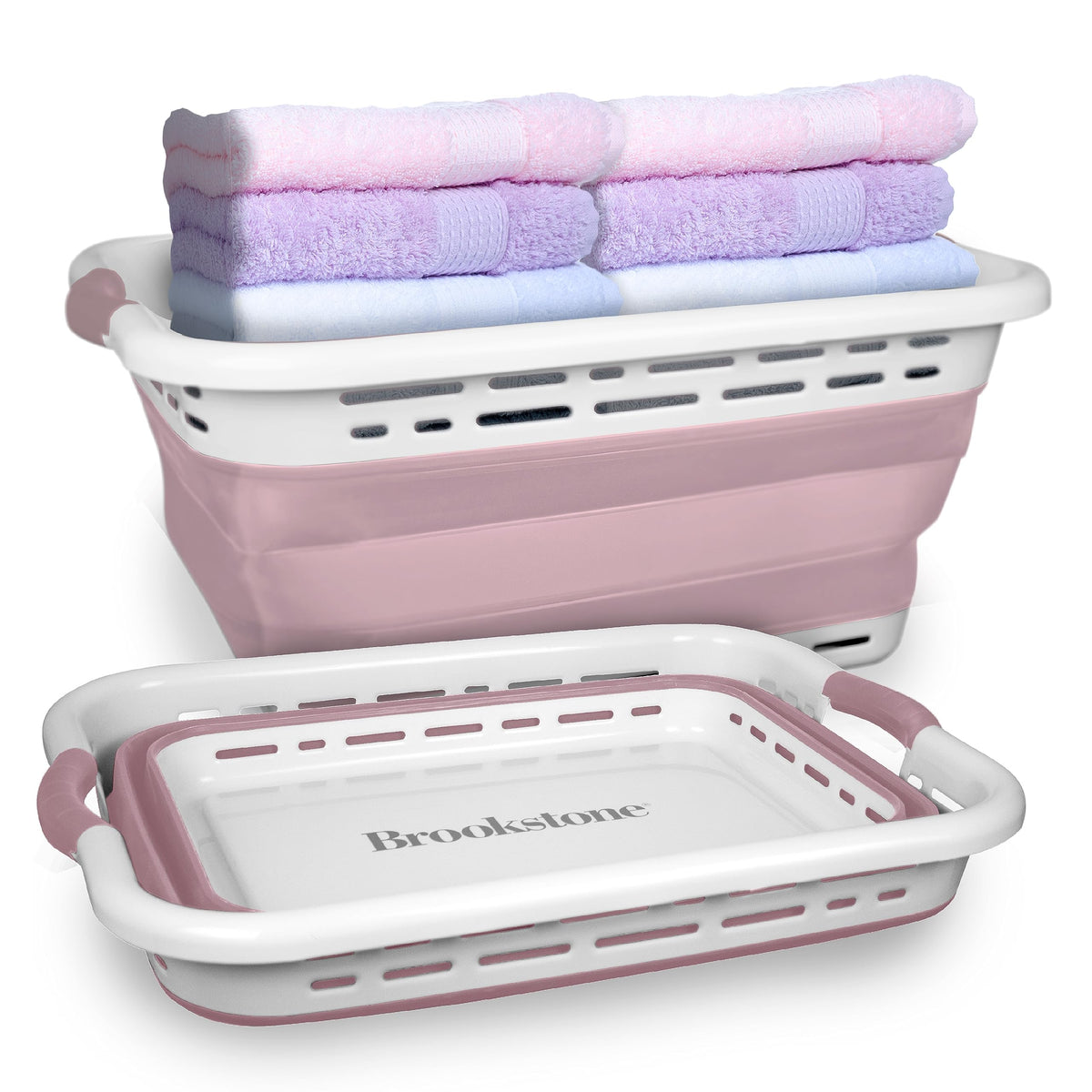 Brookstone 11 gallon XL collapsible laundry basket with non-slip handles for easy transport.