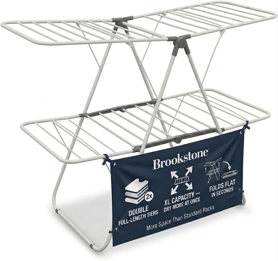 Brookstone 2-tier folding rack outdoors showing ample airflow for quick drying.