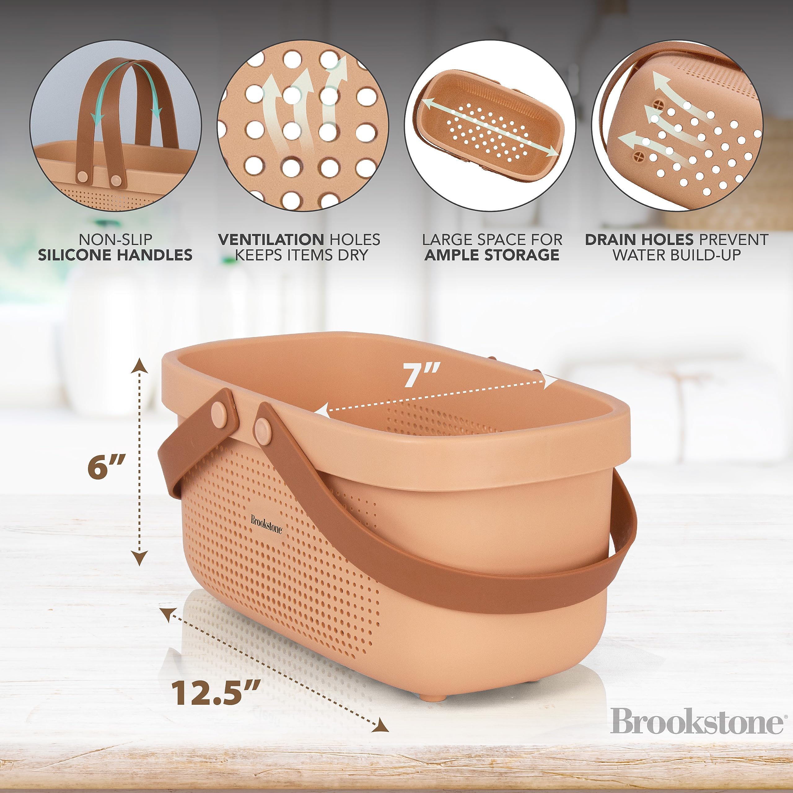 Brookstone bathroom organizer basket suitable for shower and kitchen use.