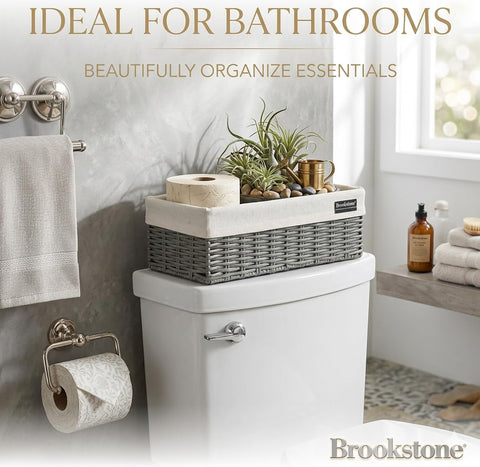 Brookstone bathroom storage basket with grey fabric liner for tidy essentials