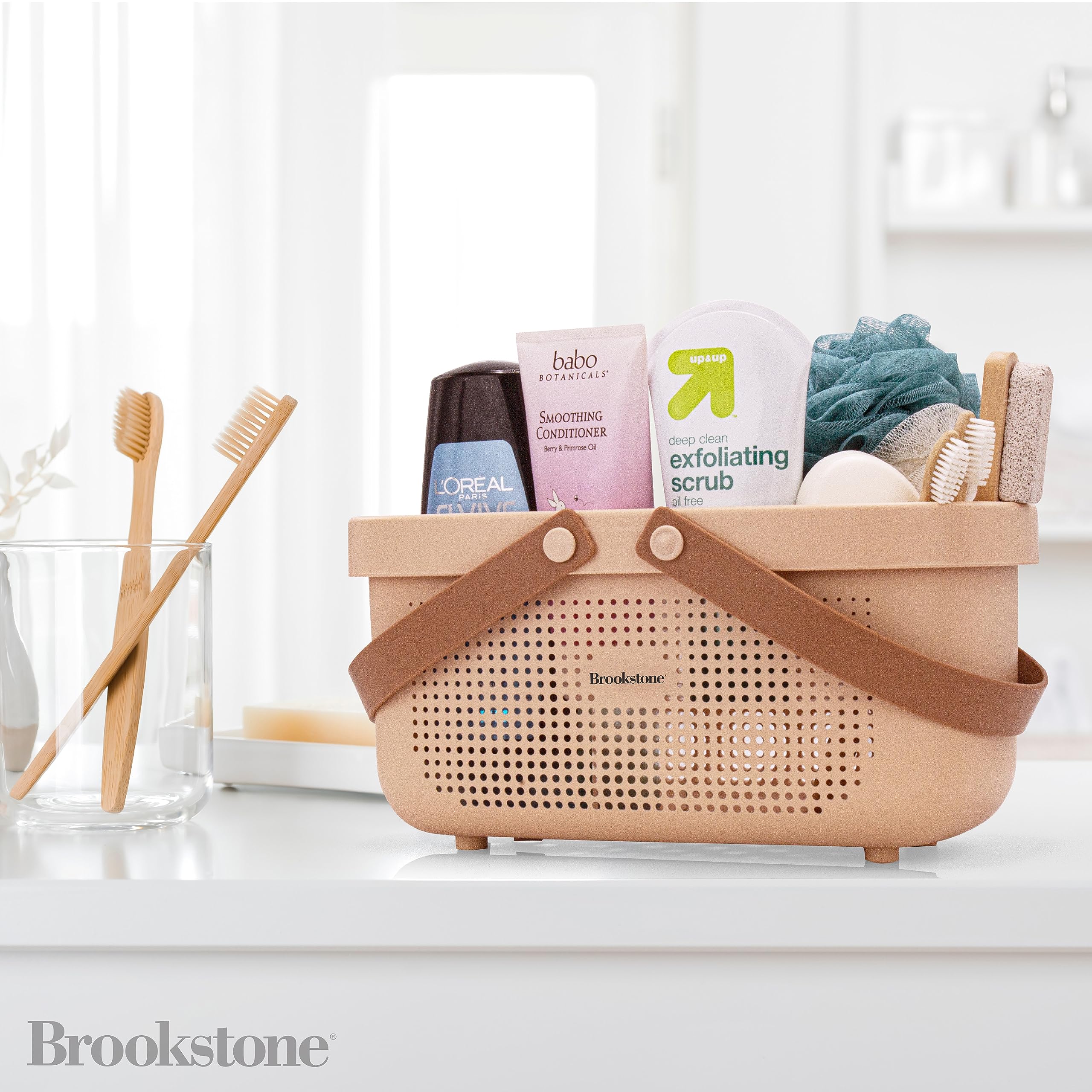 Brookstone BPA-free plastic shower caddy for safe bathroom storage.