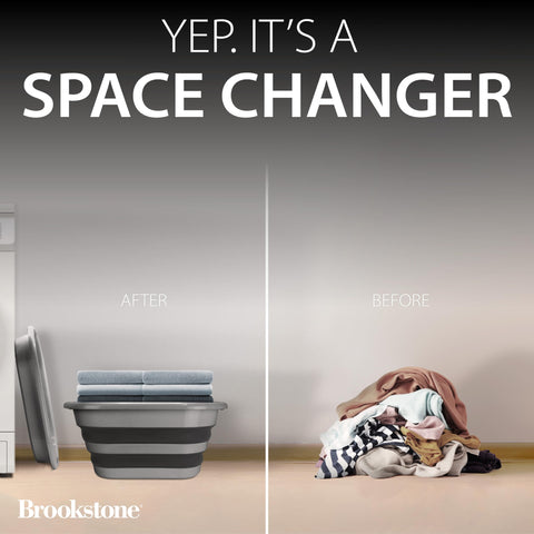 Brookstone collapsible laundry basket in dorm storage setup.