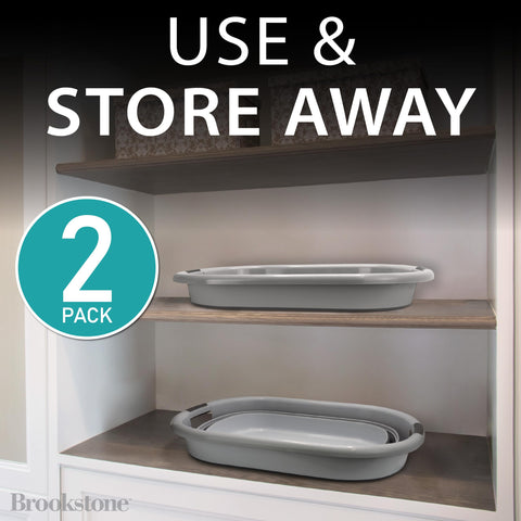 Brookstone slim-profile laundry basket keeps closets organized and accessible.
