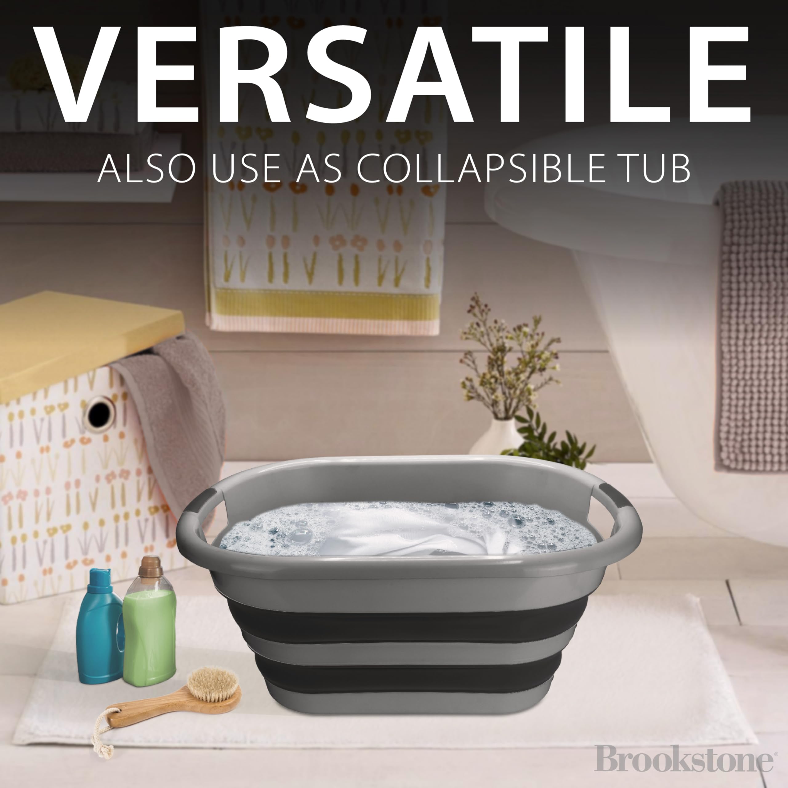 Brookstone pop-up laundry hamper ready for organized laundry days.