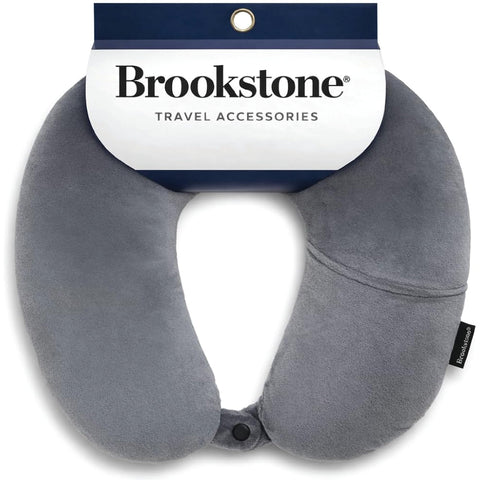 Brookstone microbead travel pillow with fleece cover for cozy comfort on flights