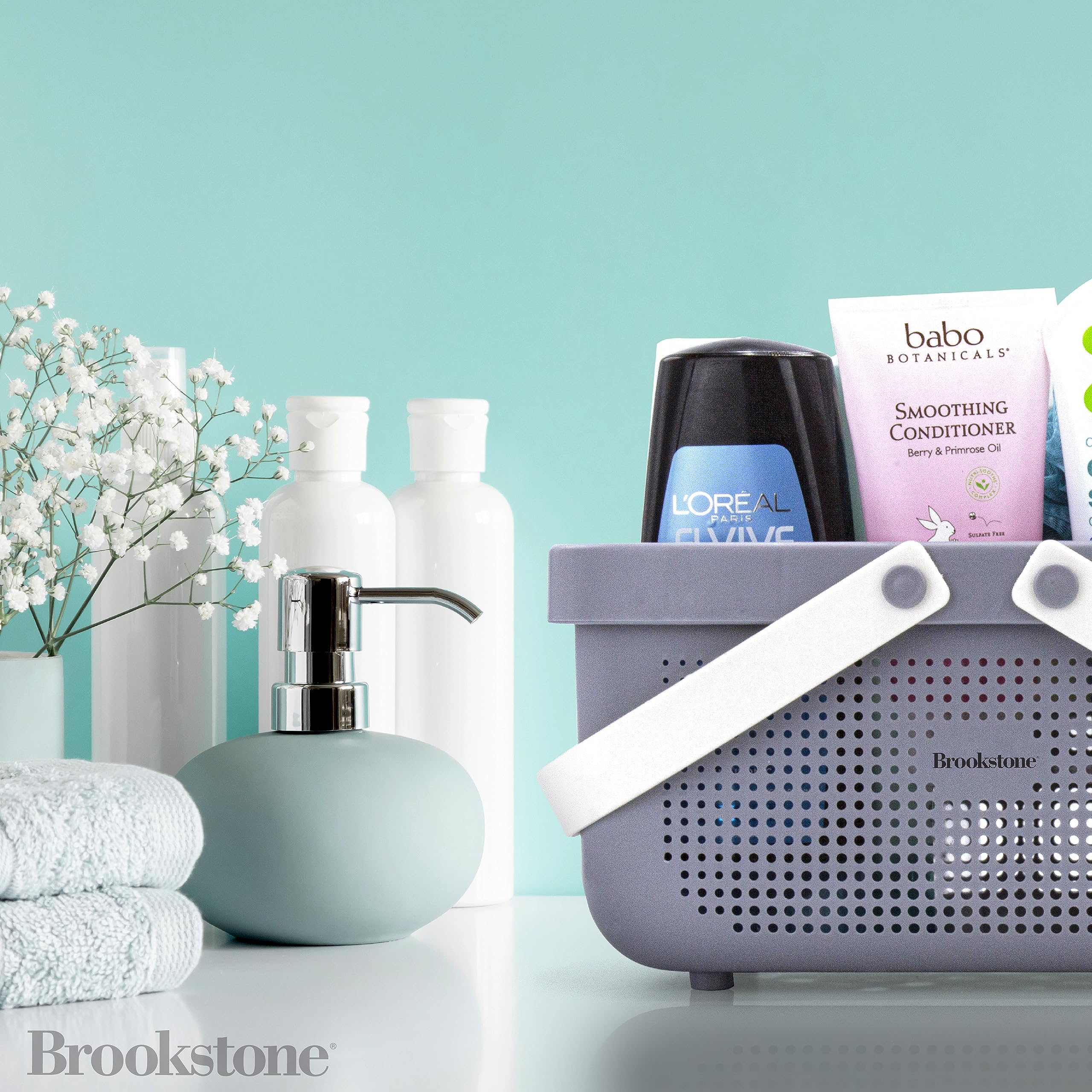 Brookstone BPA-free plastic construction supports durable bathroom storage.