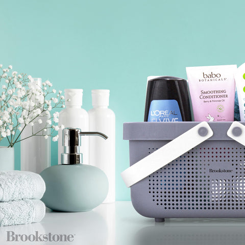 Brookstone BPA-free plastic construction supports durable bathroom storage.