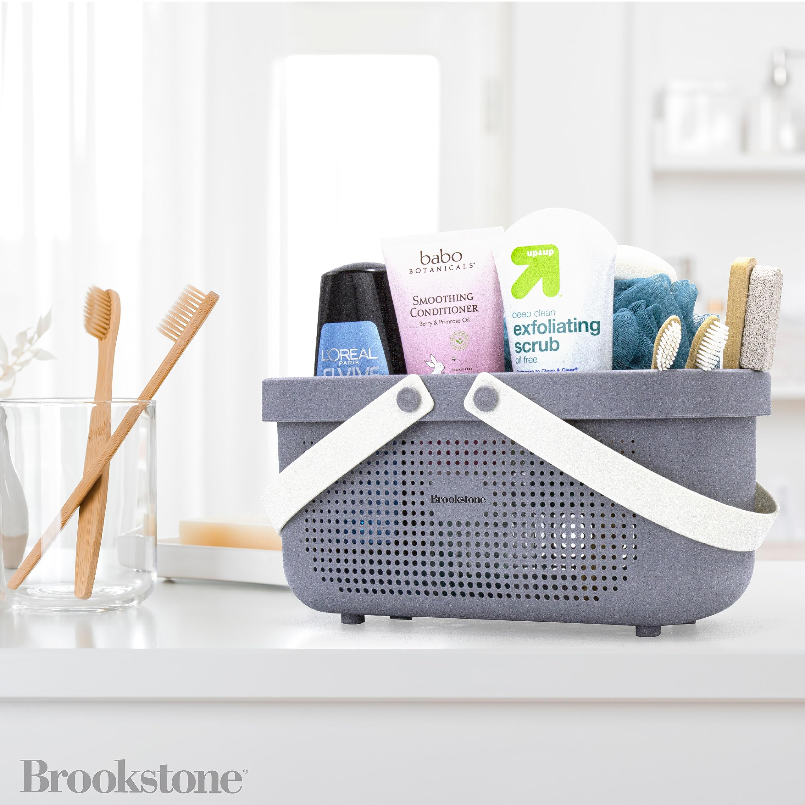 Brookstone dorm-ready shower caddy keeps toiletries organized in shared bathrooms.