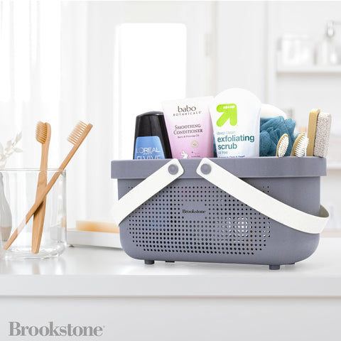 Brookstone dorm-ready shower caddy keeps toiletries organized in shared bathrooms.