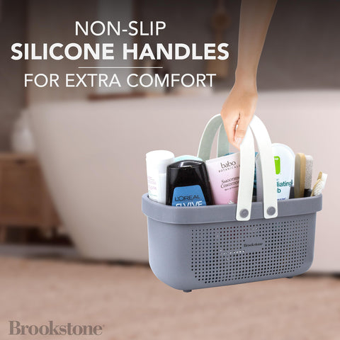 Brookstone caddy drainage holes promote fast drying of shower essentials.
