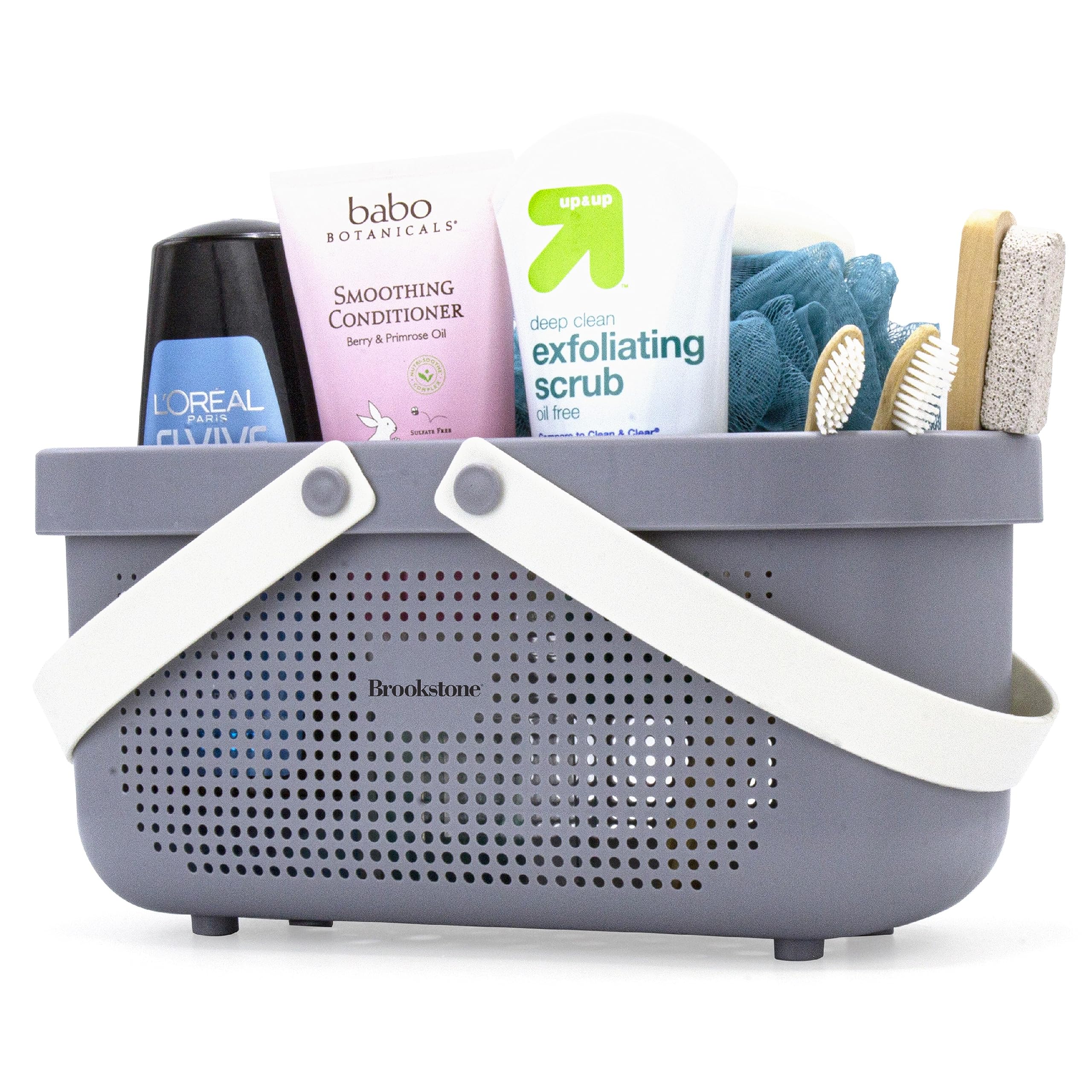 Brookstone shower caddy with soft silicone handle for easy carrying.