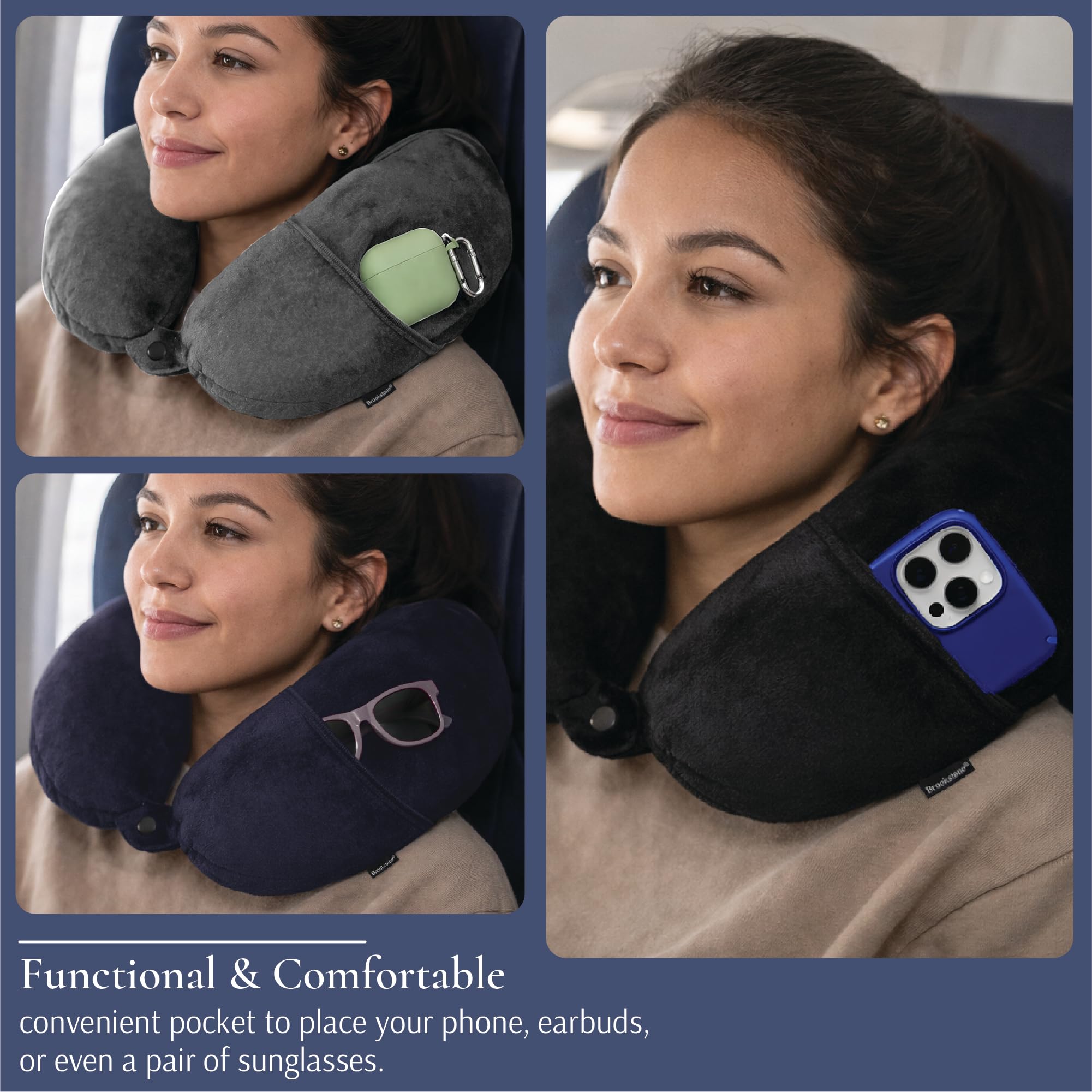 Brookstone built-in pocket keeps phone or headphones within easy reach