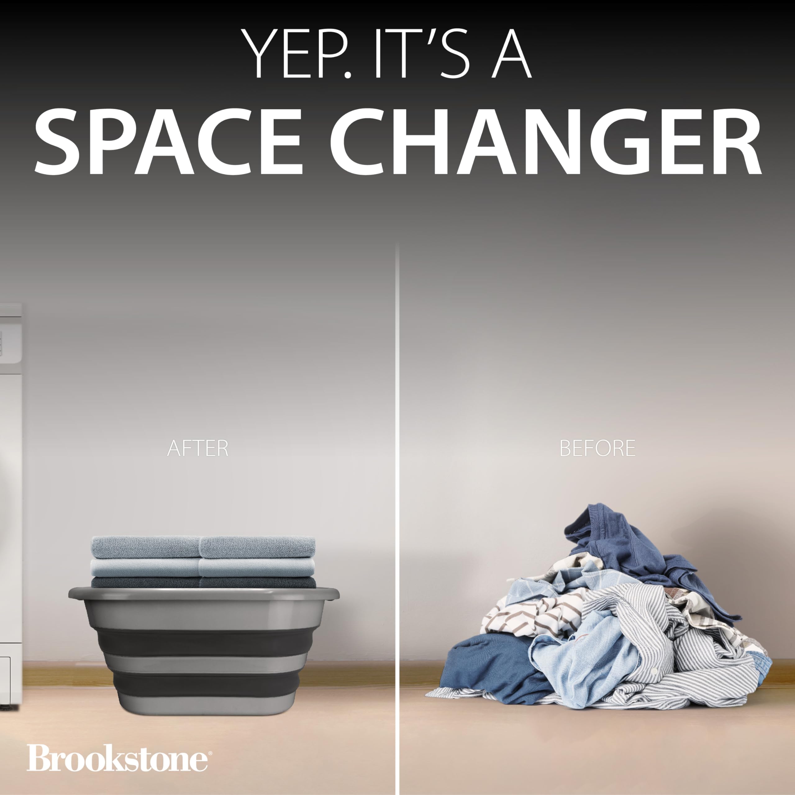 Brookstone pop-up hamper folds flat for quick storage when not in use.