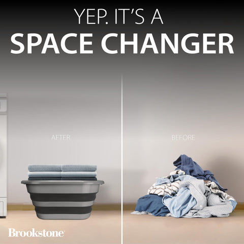 Brookstone pop-up hamper folds flat for quick storage when not in use.