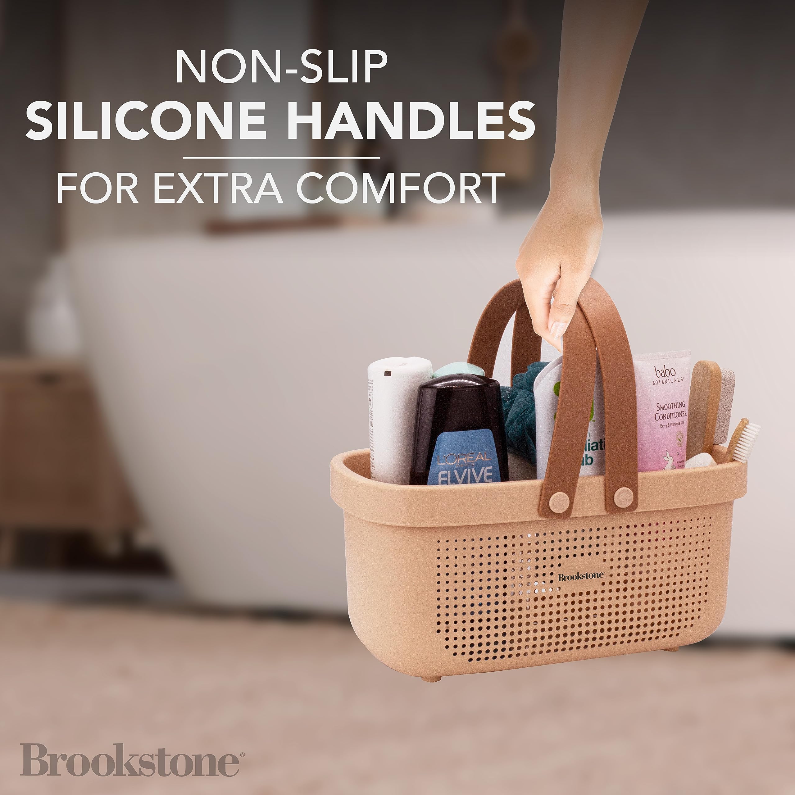 Brookstone shower caddy with quick-dry drainage holes keeps contents dry after use.