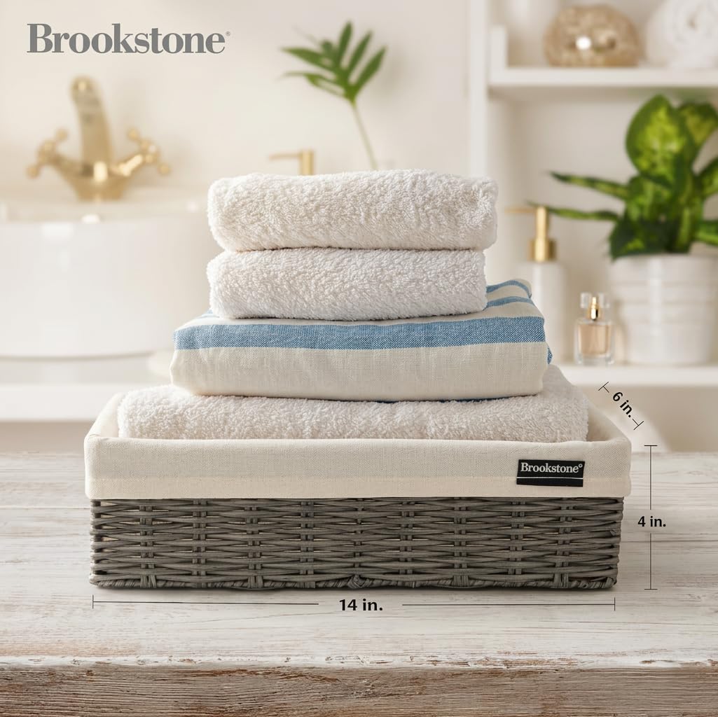Brookstone textured wicker detail highlights a durable bathroom organizer