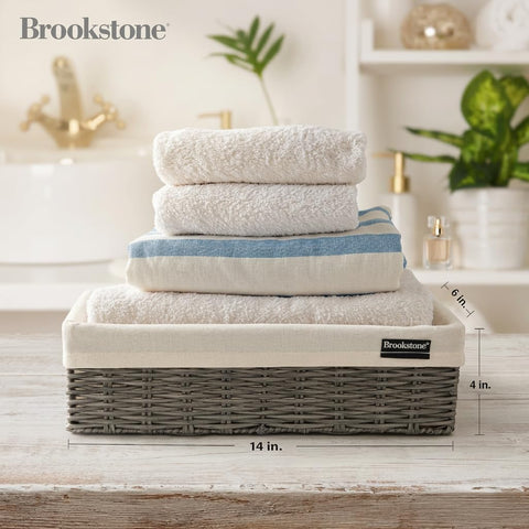 Brookstone textured wicker detail highlights a durable bathroom organizer