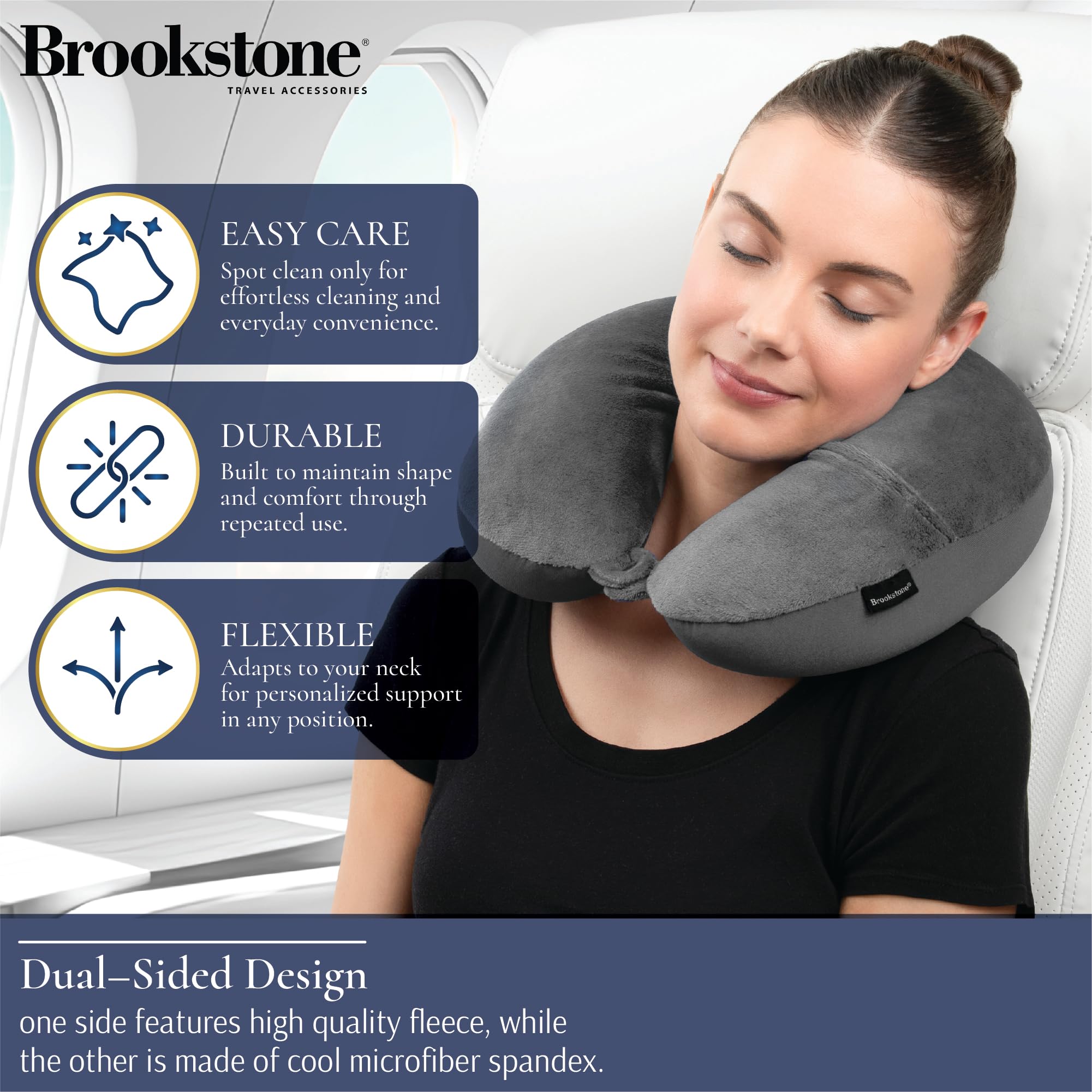 Brookstone pillow with snap closure attaches securely to luggage during travel