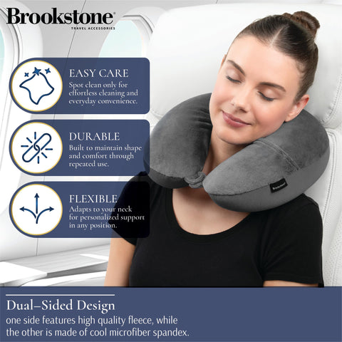 Brookstone pillow with snap closure attaches securely to luggage during travel