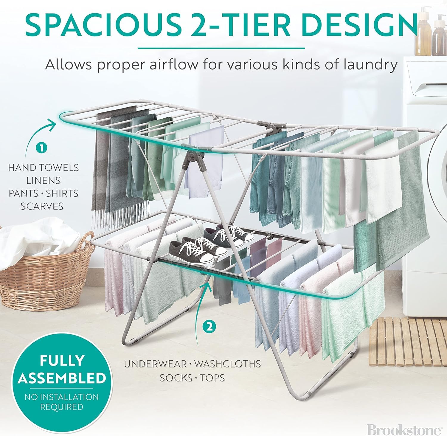 Brookstone fully assembled portable drying rack ready to use.