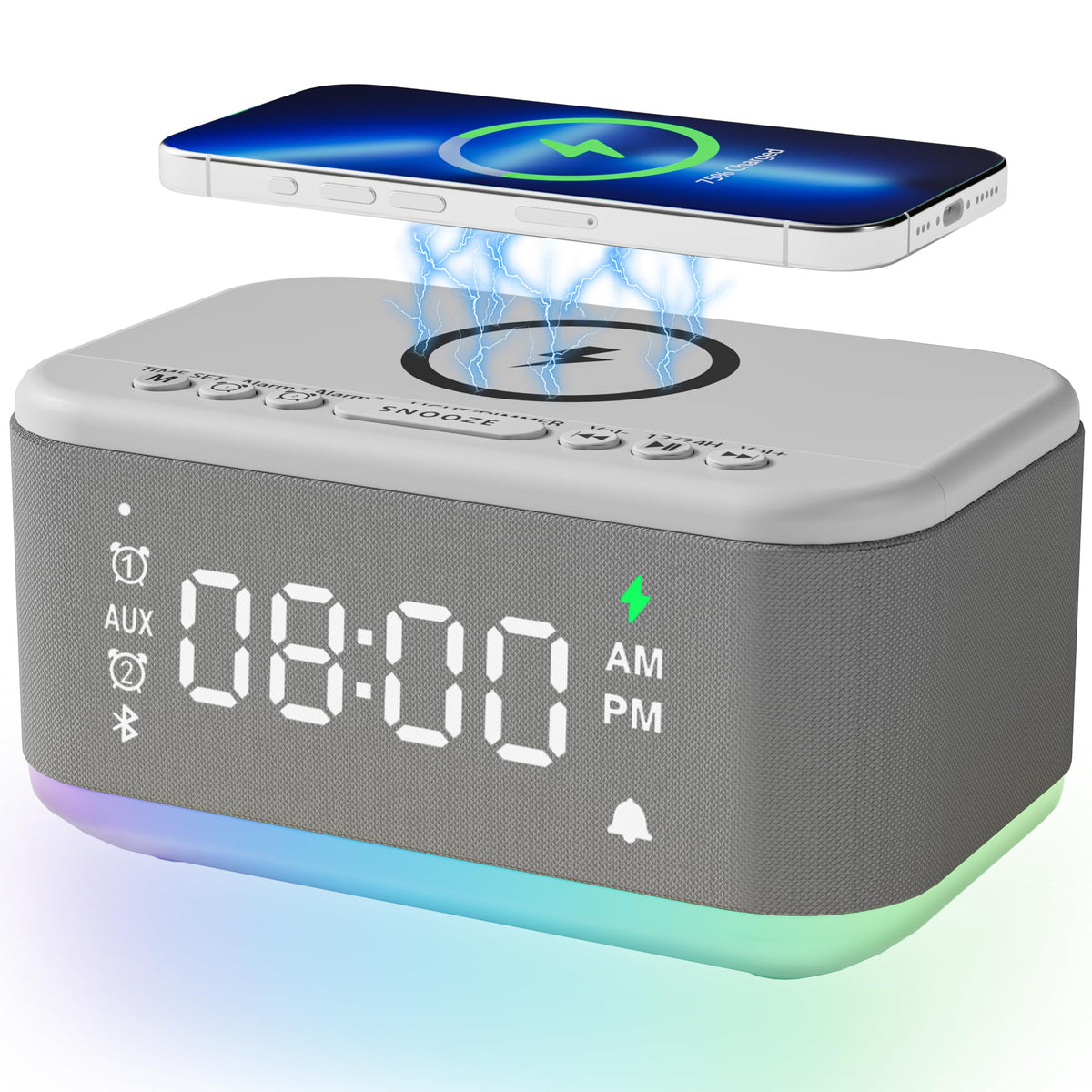 Broserengy Tech alarm clock with wireless charger in use for convenient phone charging