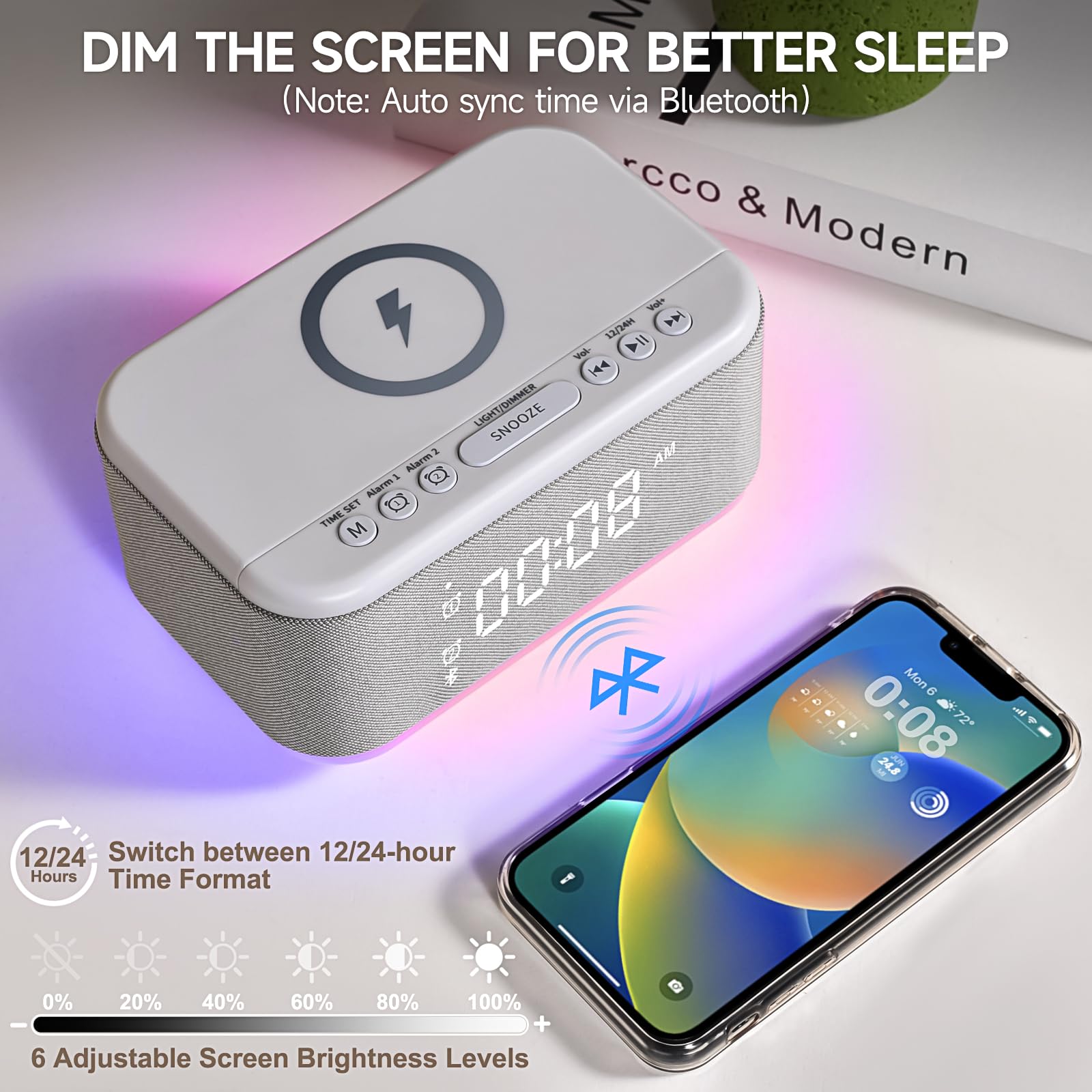 Broserengy Tech alarm clock showing dual alarms and quick snooze