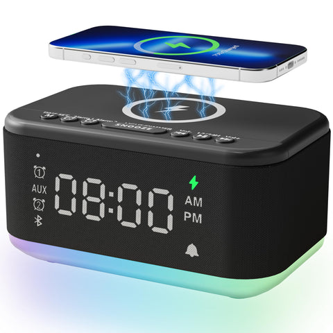 Broserengy Tech alarm clock with speaker and wireless charger for easy mornings.