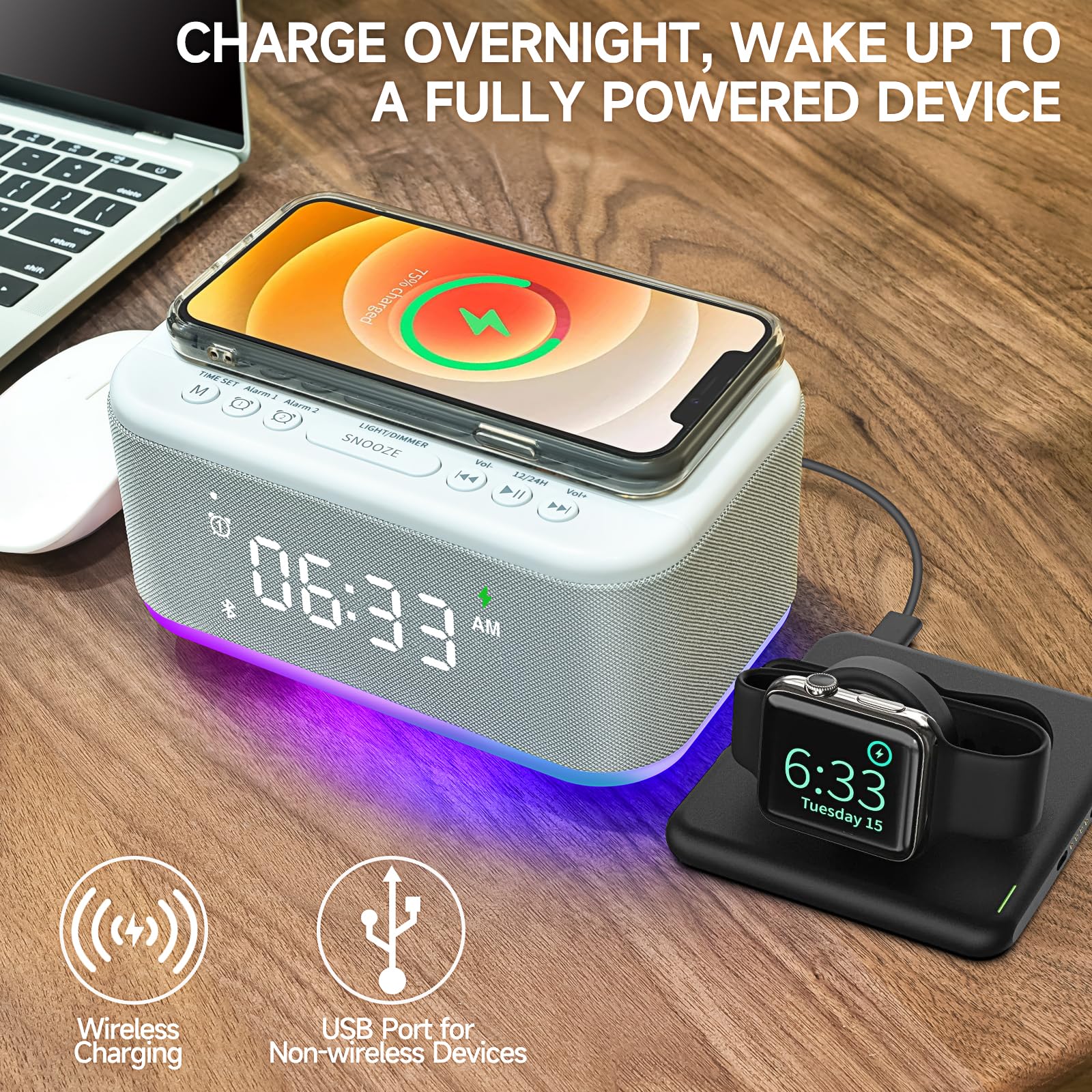 Broserengy Tech clock connected via USB and AUX for versatile listening