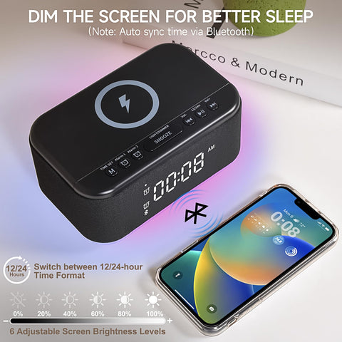 Broserengy Tech dual-alarm panel and large snooze for gentle wakeups.
