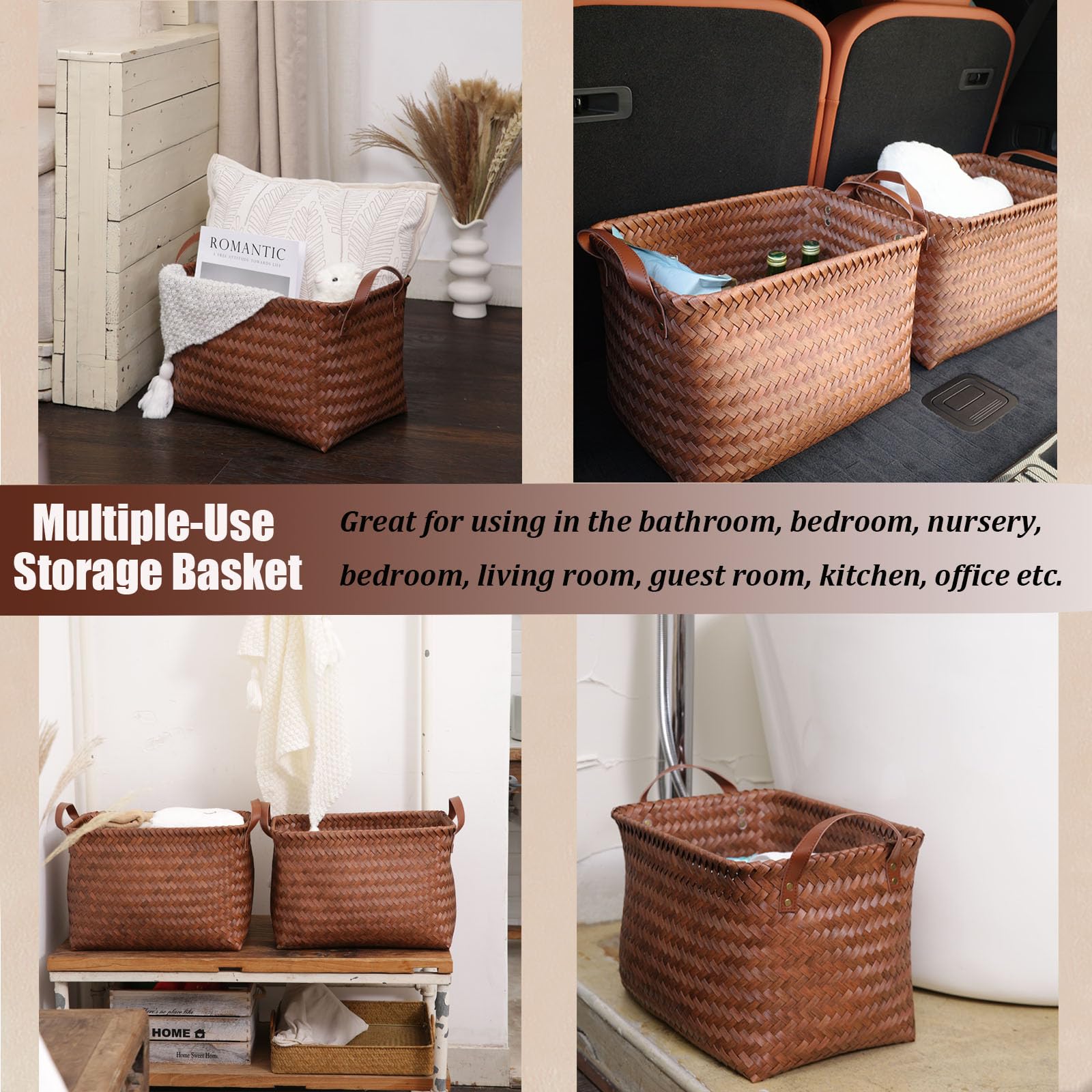 Brownlily baskets with vegan leather handles for easy carrying.