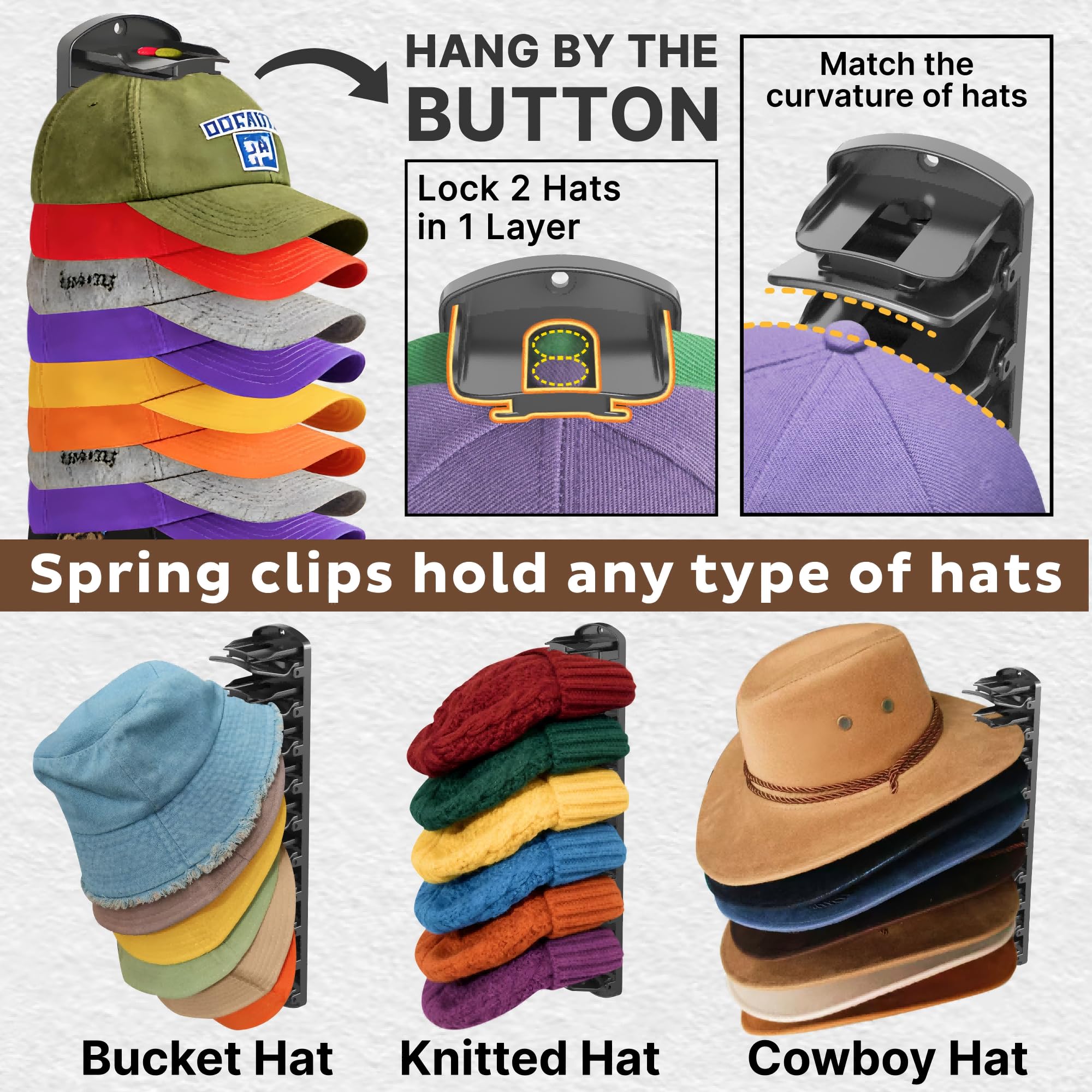 BRUBEQO adhesive wall mount option for hat organizer in a bedroom