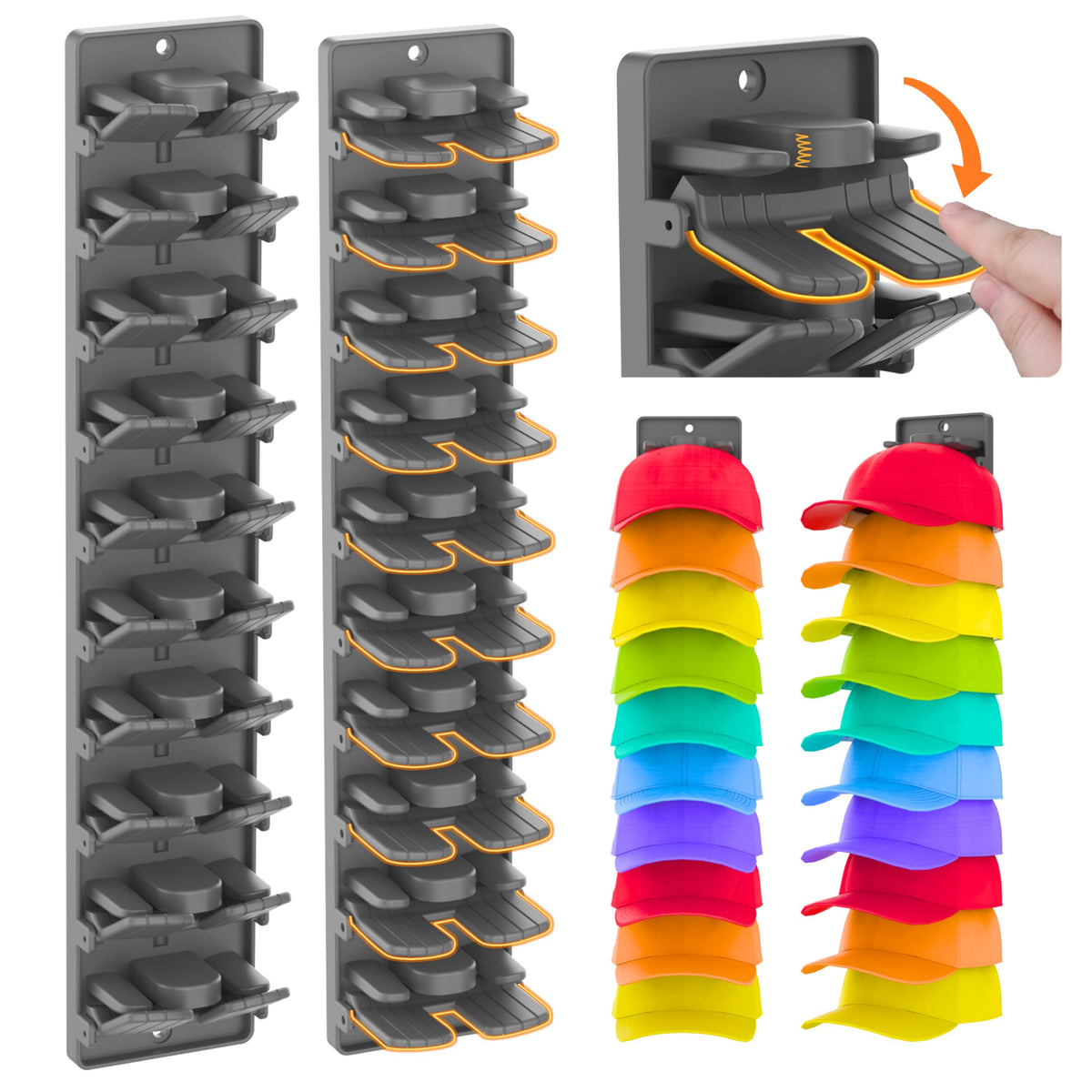 BRUBEQO hat organizer 2-pack wall mount clip system for neat closet display.