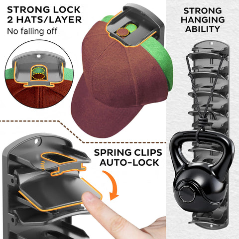 BRUBEQO hat rack clip close-up showing secure spring clamps