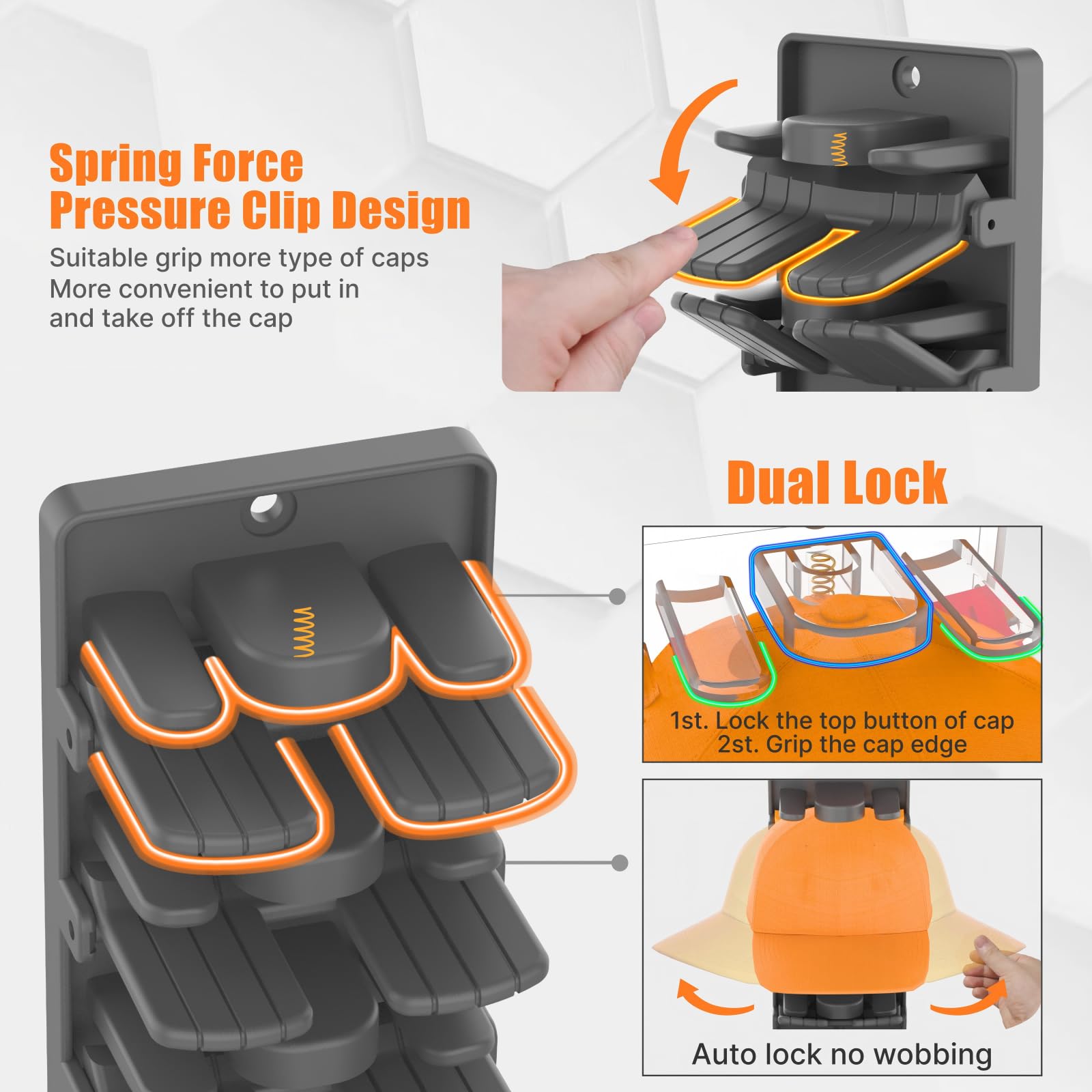 BRUBEQO spring-loaded clips enable quick hat insertion and removal without brim damage.