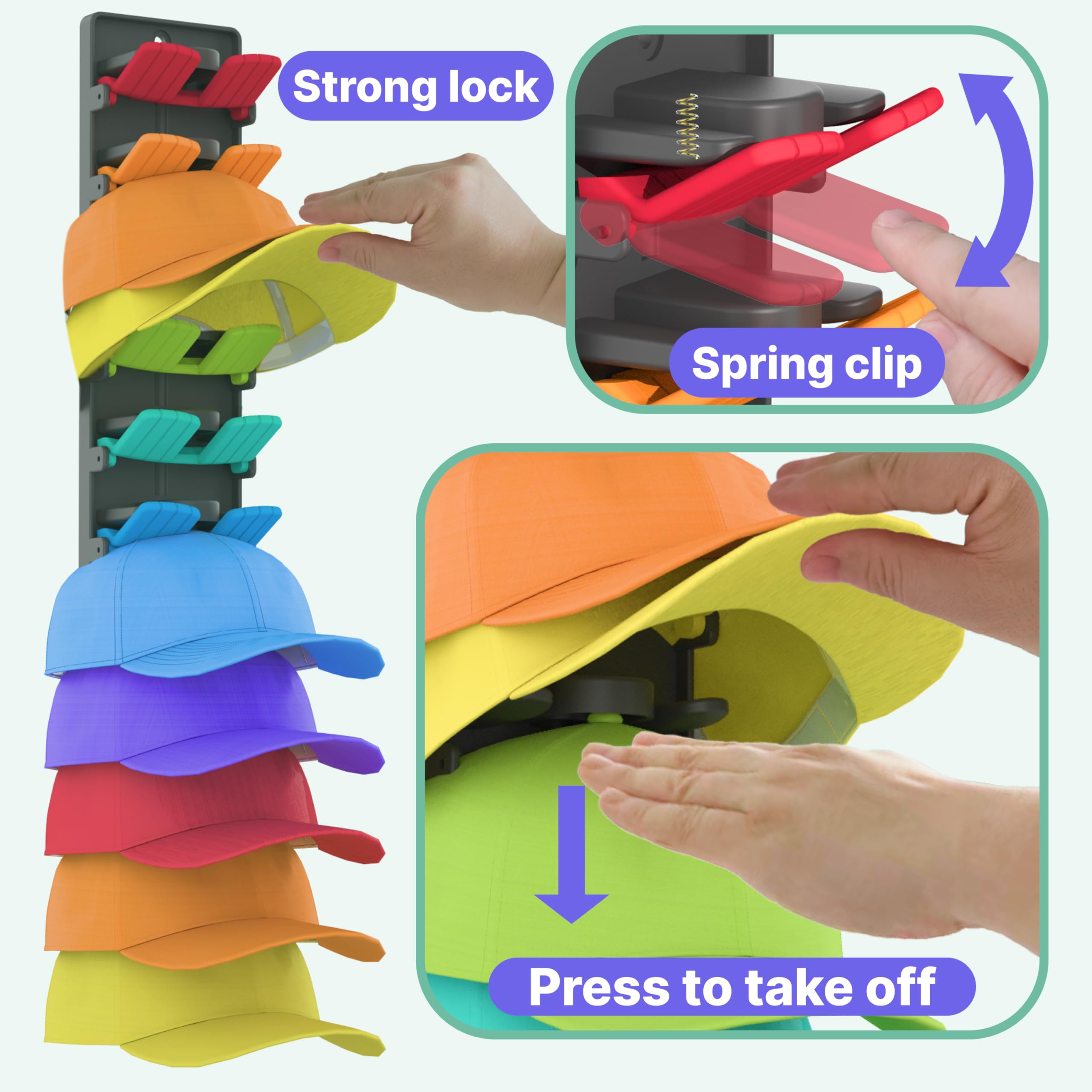 BRUBEQO wall-mount hat rack display showing organized, space-saving cap storage.