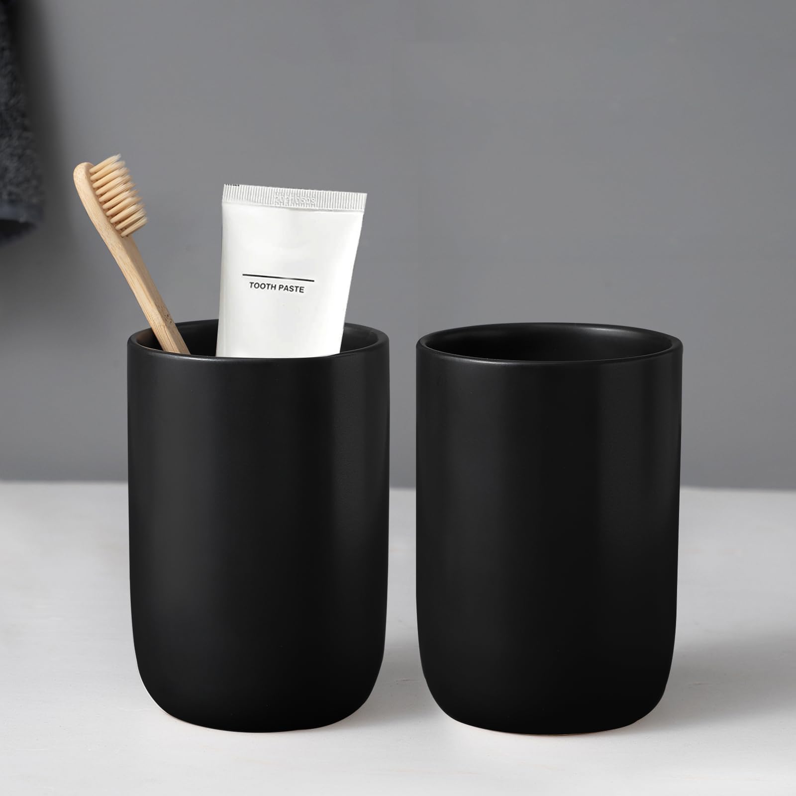 BSDISP matte black toothbrush holder with two cups, sturdy ceramic for durable bathroom organization