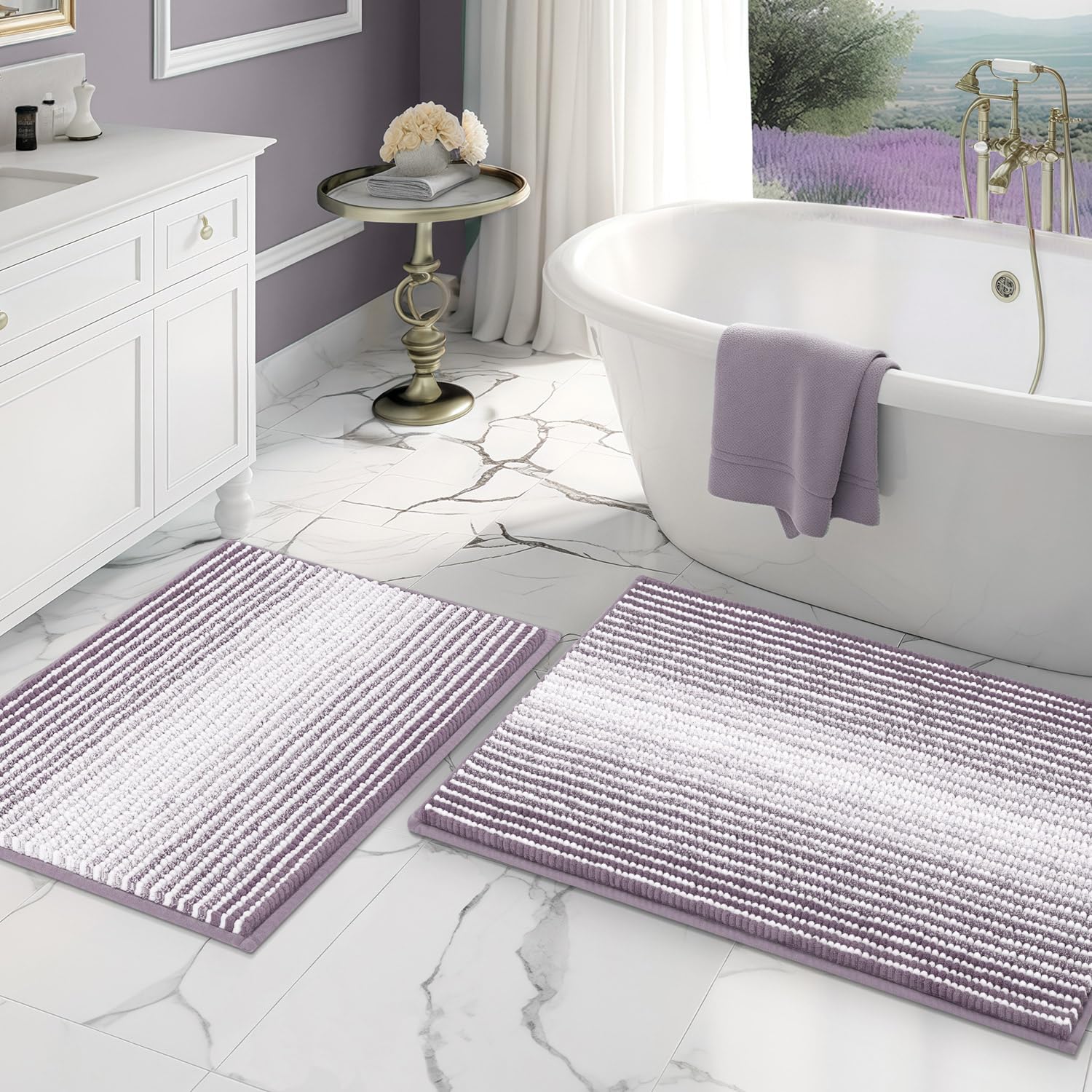 BSICPRO bath mat set 20x32 lavender with plush chenille for cozy, quick-drying feet.