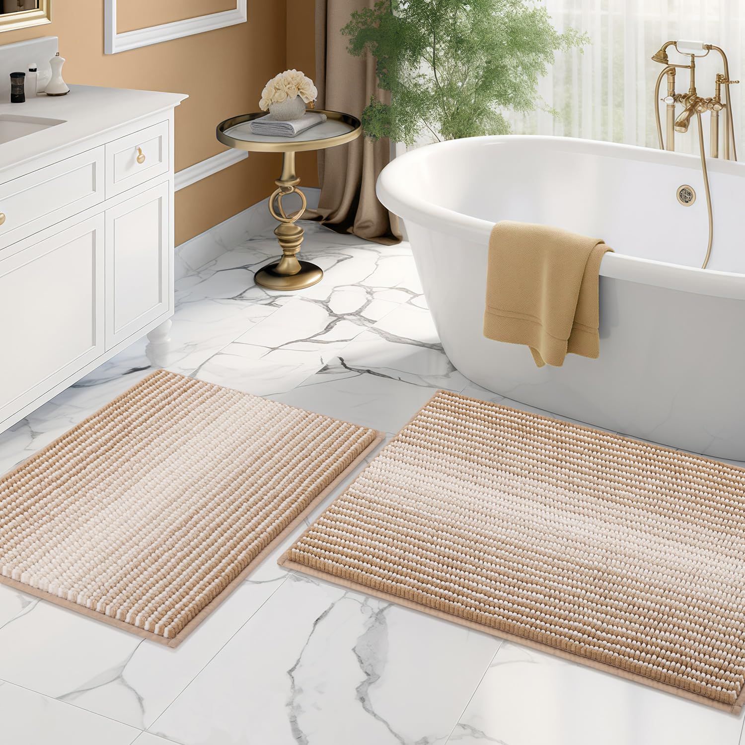 BSICPRO bath rug 20x32 beige with plush chenille for soft comfort