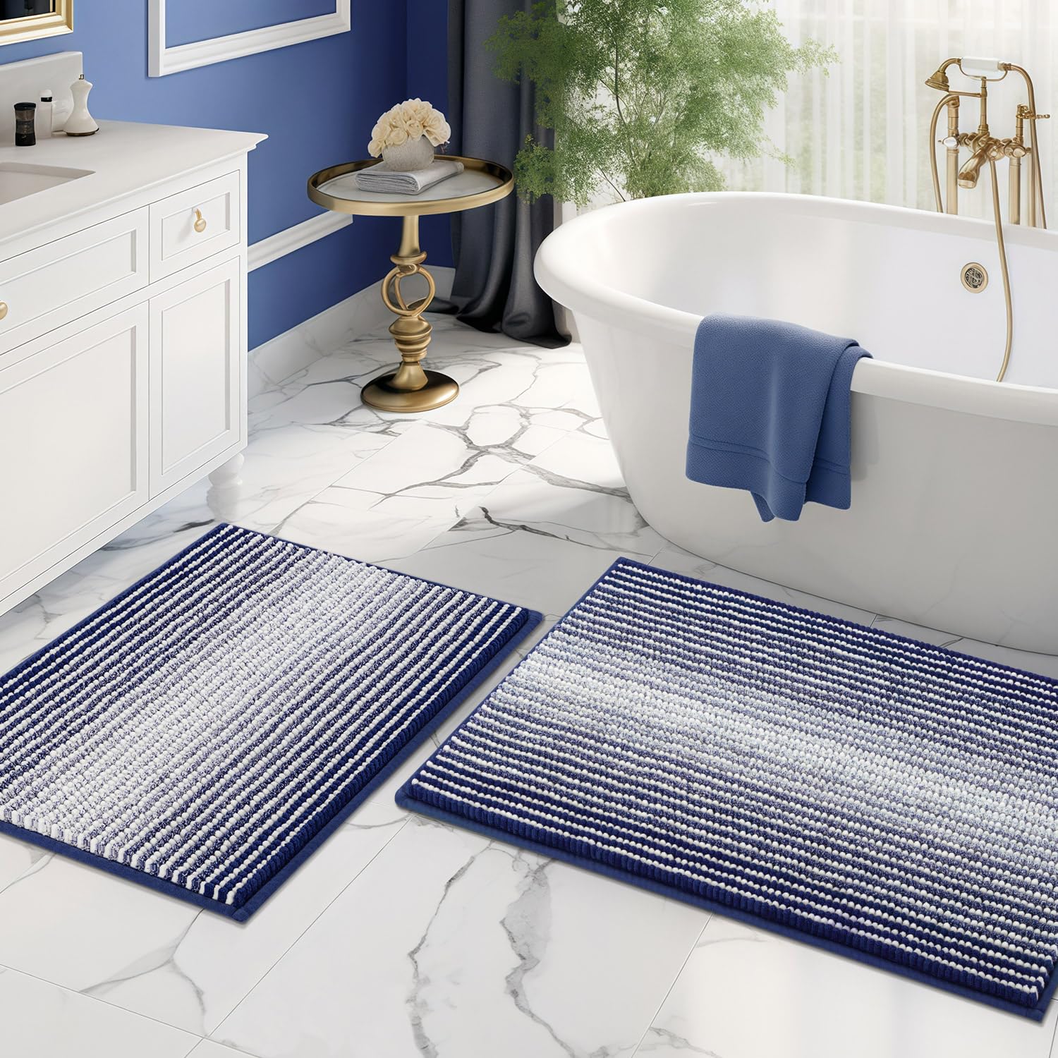 BSICPRO navy 20x32 bath rug in plush chenille for spa-like comfort