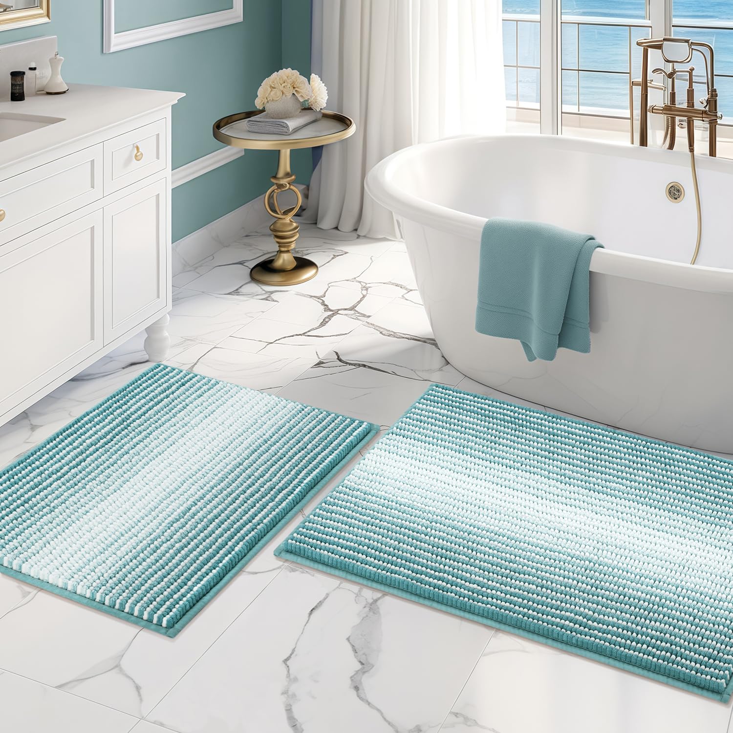 BSICPRO bath rug set in aqua green adds soft comfort and quick moisture absorption.