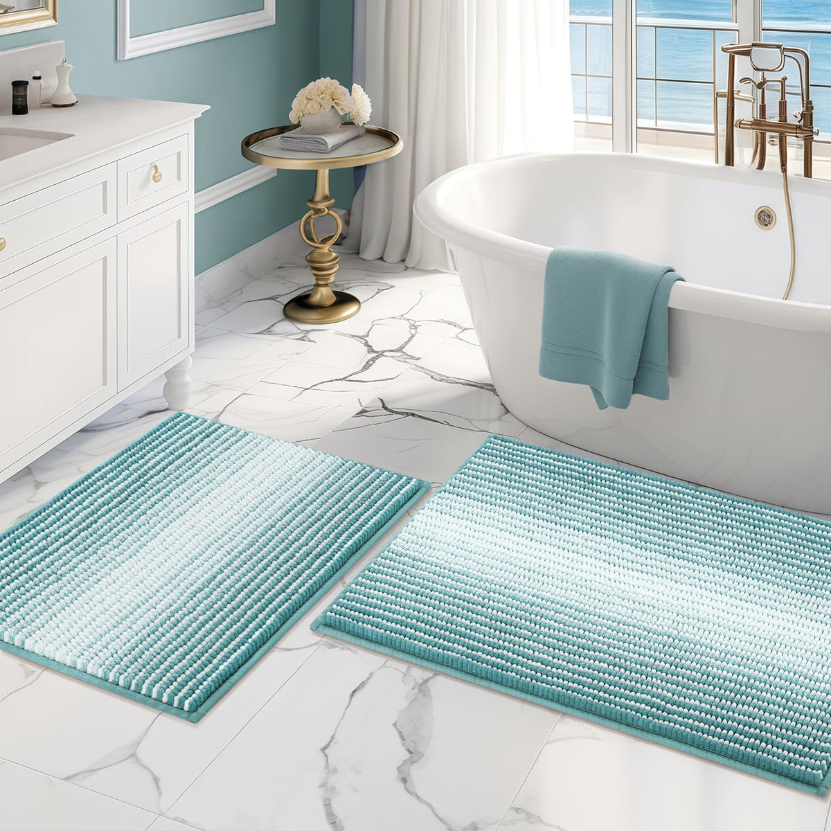 BSICPRO bath rug set in aqua green adds soft comfort and quick moisture absorption.