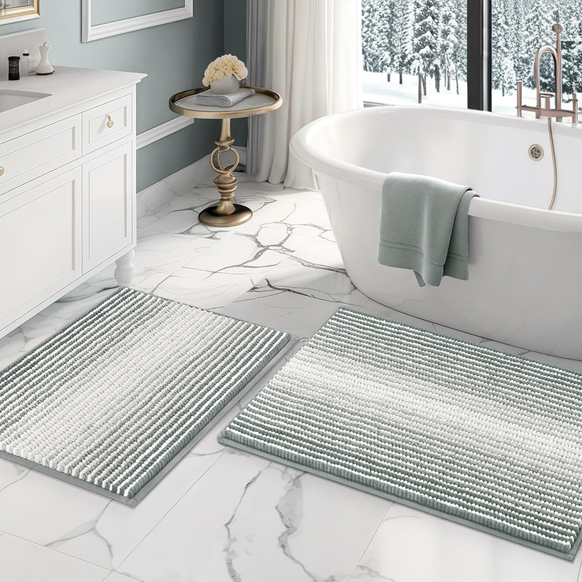 BSICPRO bathroom rug set with large 20x32 and small 16x24 mats for plush comfort and quick moisture absorption.