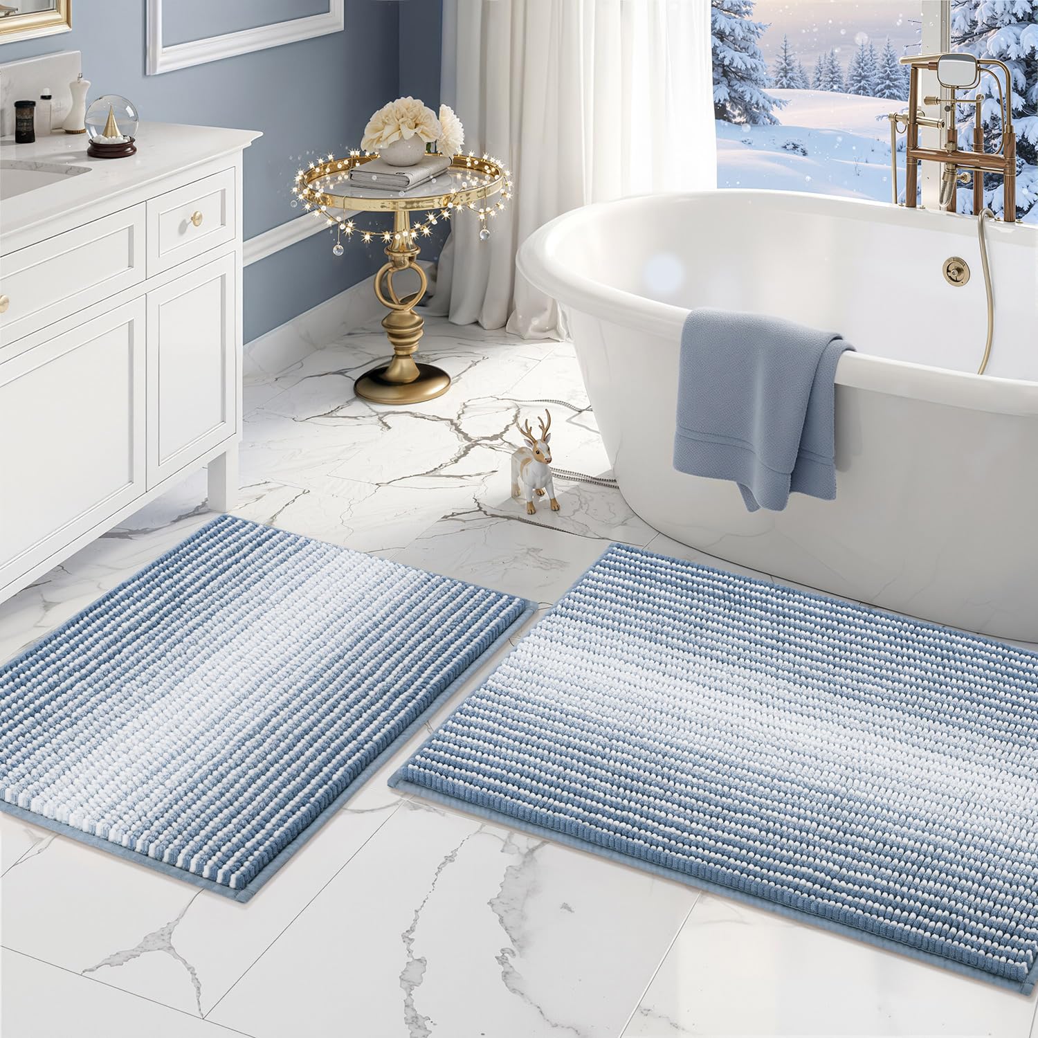 BSICPRO fog blue bathroom rug set with 20x32 and 16x24 mats for soft footing and warmth.