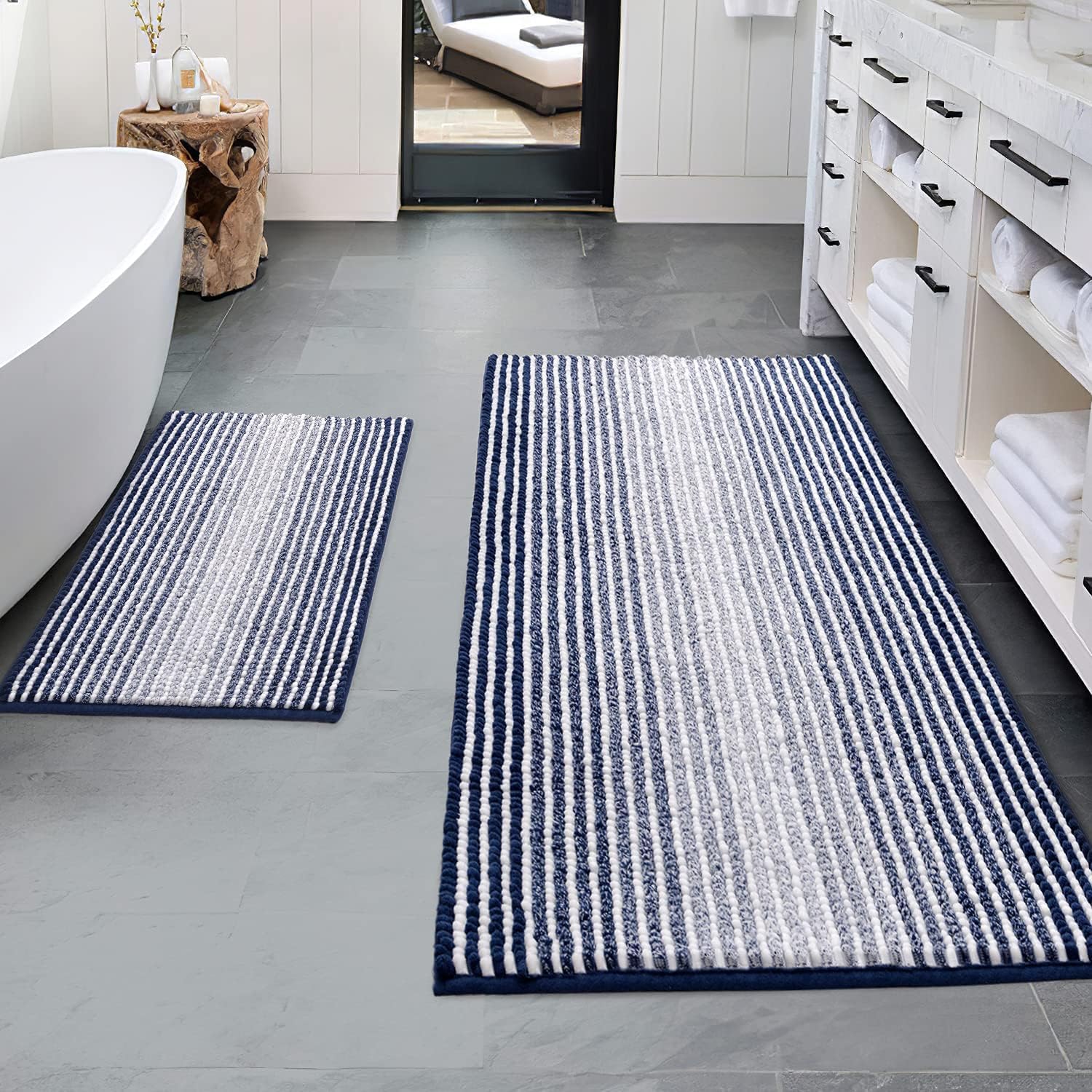 BSICPRO bathroom rug set in navy with plush chenille fibers for comfort.