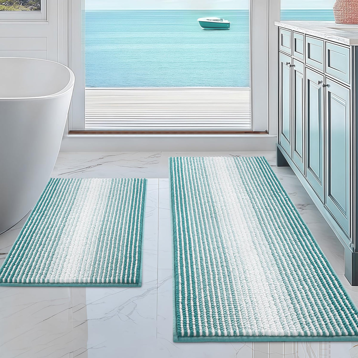 BSICPRO 2-piece aqua green rug set on tile floor, absorbs moisture quickly after shower.