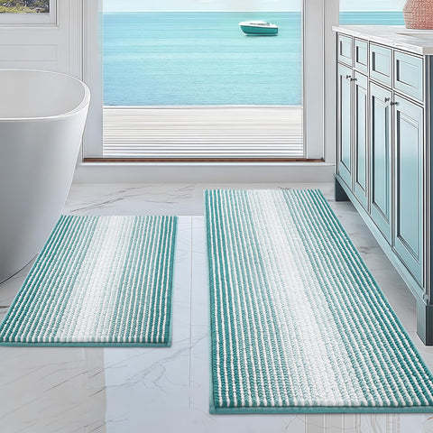 BSICPRO 2-piece aqua green rug set on tile floor, absorbs moisture quickly after shower.