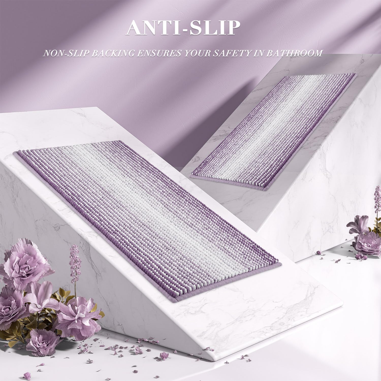 BSICPRO chenille bath mat texture highlights absorbent, soft underfoot feel.
