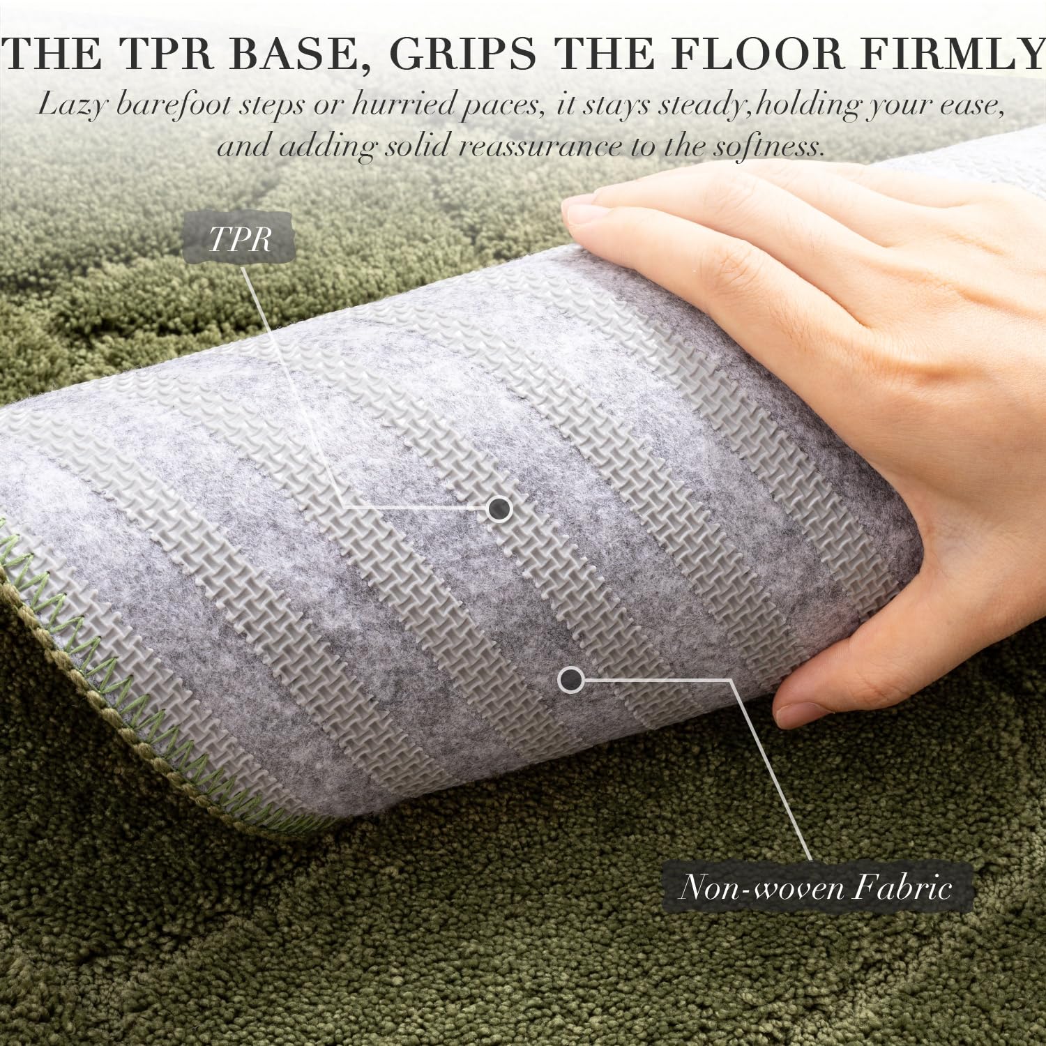 BSICPRO olive green bath mat with cushioned microfiber for soft steps.